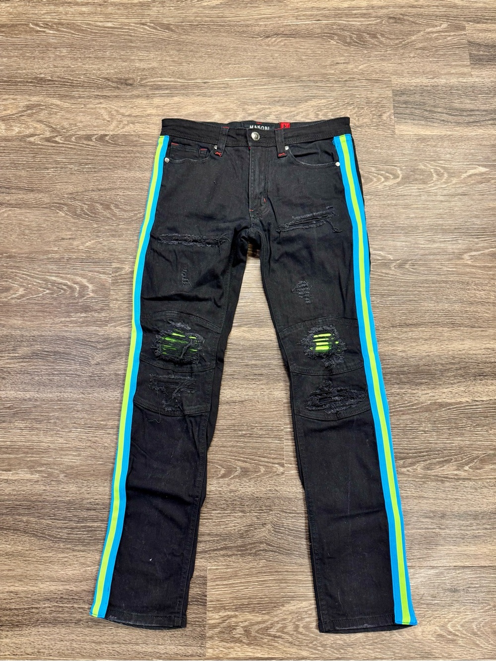 Makobi M1769 Men’s 32x32 Black Distressed Jeans Neon Side Stripe Slim Fit